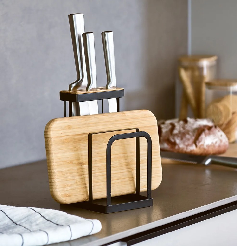 Zeller Present Stojan na nože, stojan na krájacie dosky, čierny kov, bambus