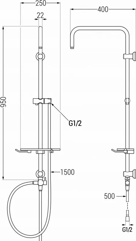 Mexen T, sprchový stĺp, sprchová hadica 150cm, polička, prepínač sprchy, ružové zlato, 7939399-60