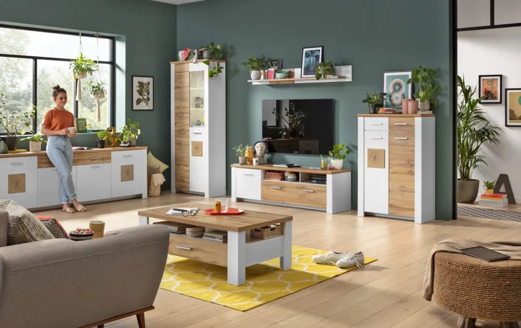 Vysoká vitrína s osvetlením Matera, starý dub/biela