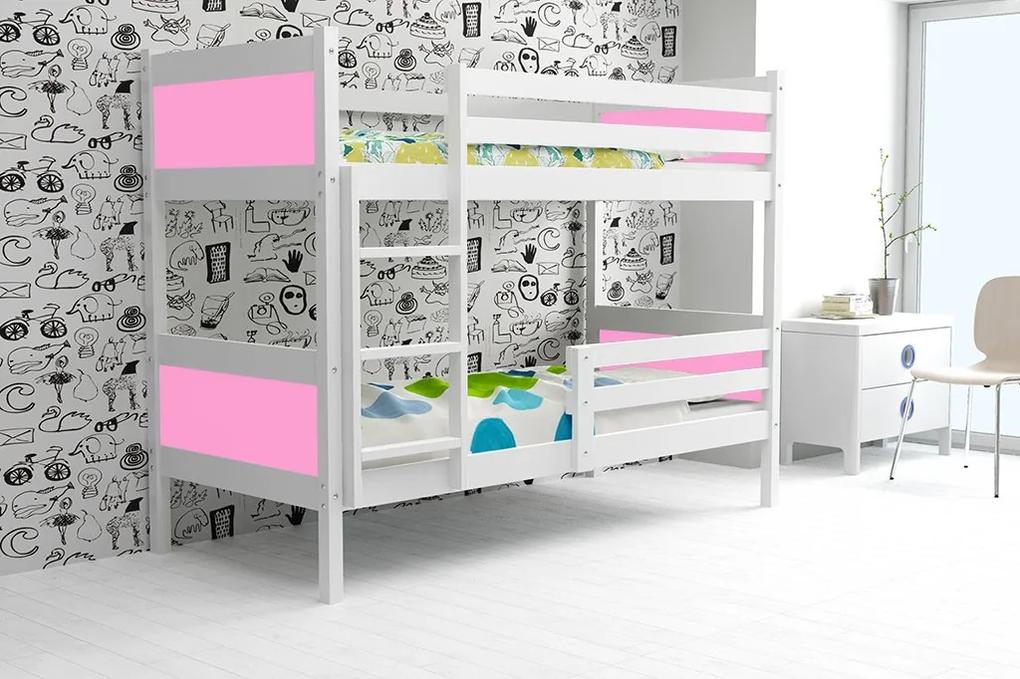 Poschodová posteľ RINO 200x90cm - Biela - Ružová (BEZ zásuvky)