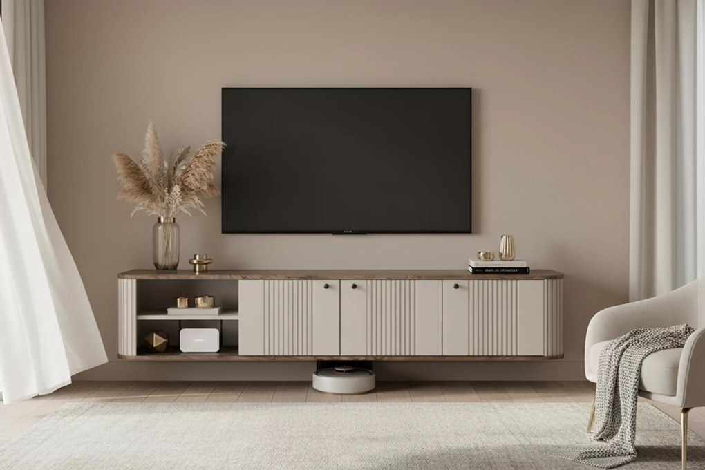 Závesný TV stolík Vespera 3D 187 cm - kašmírová / orech / čierna