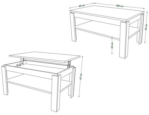 Rozkladací konferenčný stolík so zdvíhacou doskou a policou ADEN dub craft/čierna
