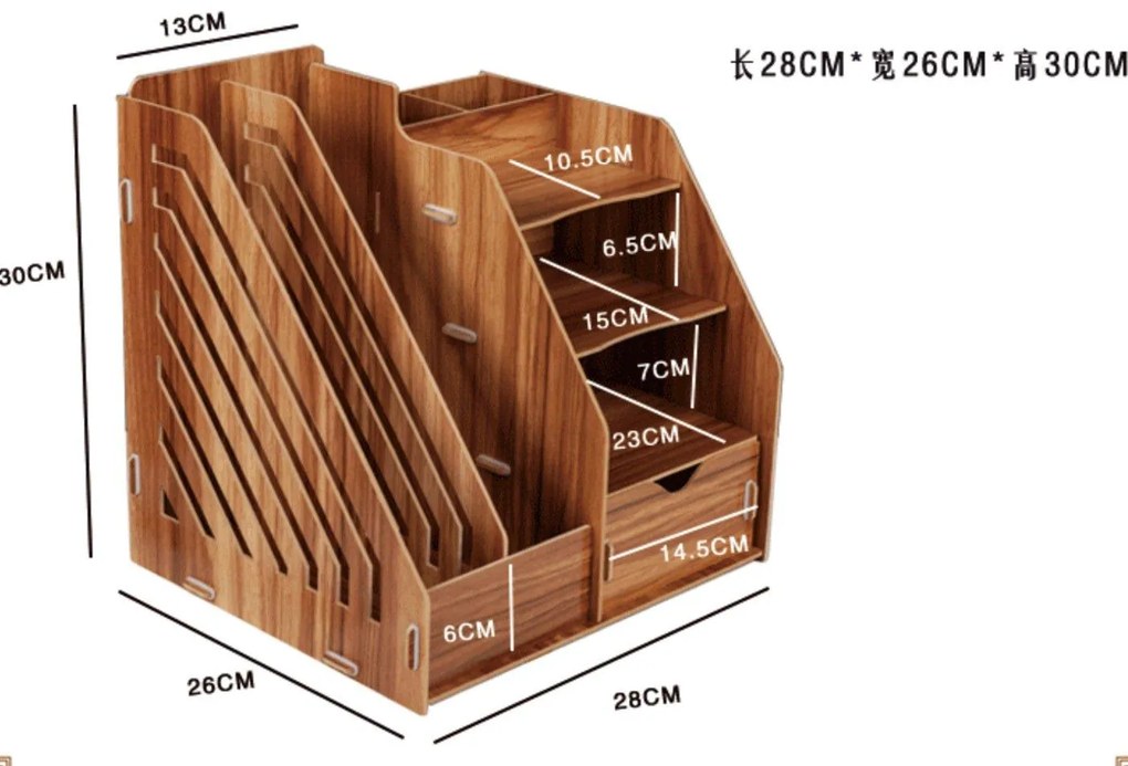 Drevený kancelársky organizér na dokumenty so 7 priehradkami a zásuvkou svetlé drevo/dub DIY QS206 Svetlé drevo