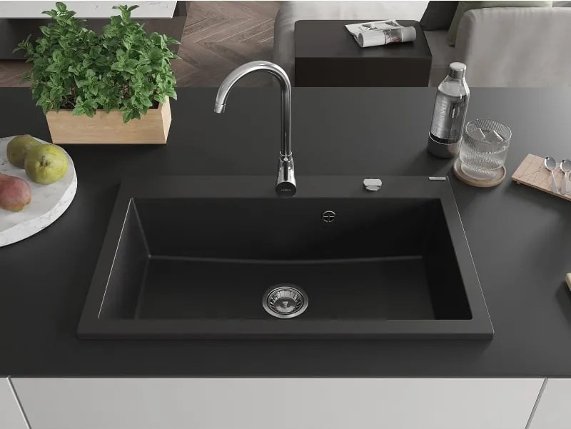 Mexen Elix žulový drez 1-komorový 800 x 500 mm, čierny, sifón chróm - 6527801005-77