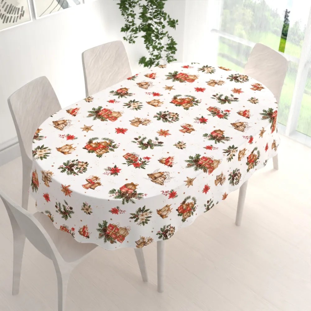 Biante Vianočný bavlnený oválny obrus Sandra SA-515 Vianočné hviezdy a ozdoby na bielom 140x160 cm