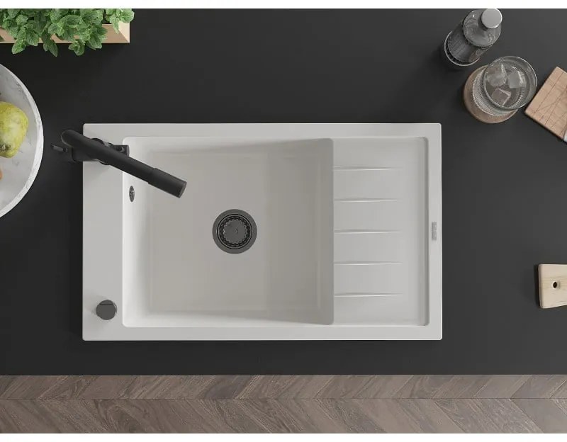 Mexen Elias, 1-komorový granitový drez s odkvapkávačom 795x480x200 mm a čierna batéria Duero, biela, 6511-20-671600-70
