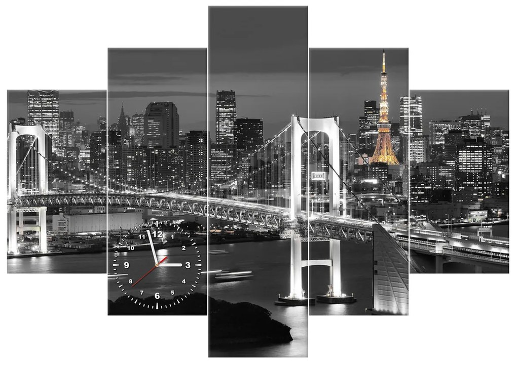 Gario Obraz s hodinami Most Tokyo Bay - 5 dielny Rozmery: 150 x 70 cm