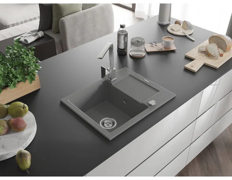 Mexen Enzo, granitový drez 576x465x174 mm, 1-komorový a chrómová batéria Rita, šedá, 6506-71-670300-00