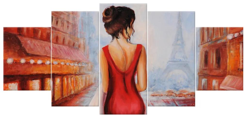 Gario Ručne maľovaný obraz Prechádzka pri Eiffelovej veži - 5 dielny Rozmery: 150 x 70 cm