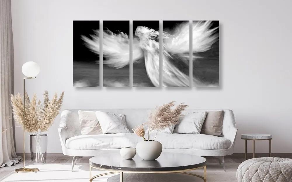 5-dielny obraz podoba anjela v oblakoch v čiernobielom prevedení - 100x50