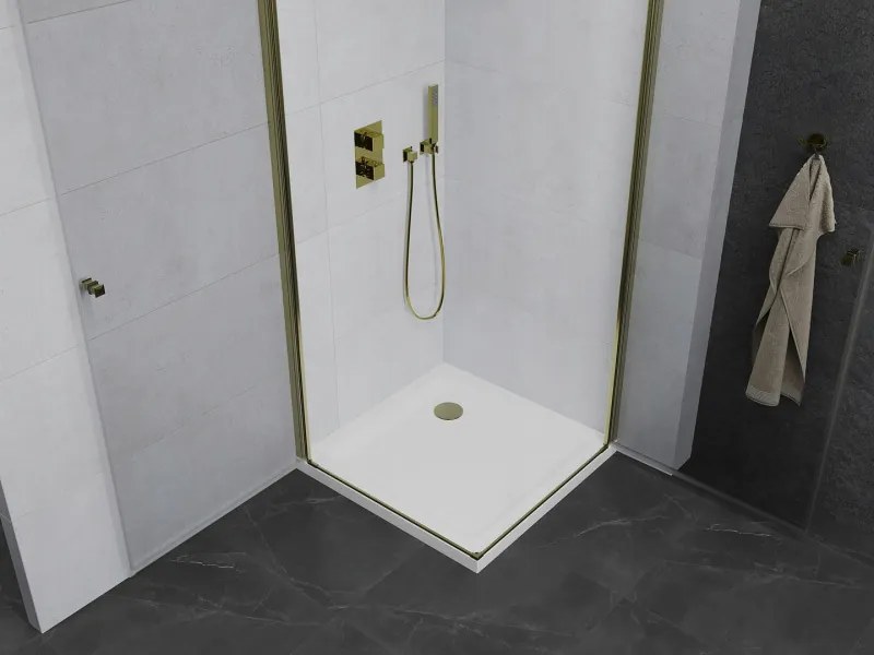 Mexen Pretoria Duo, sprchovací kút s 2-krídlovými dverami 70 (dvere) x 70 (dvere) cm, 6mm číre sklo, zlatý profil + slim sprchová vanička 5cm biela so zlatým sifónom, 852-070-070-50-02-4010G