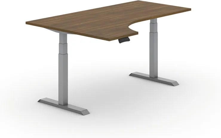 Výškovo nastaviteľný stôl PRIMO ADAPT, elektrický, 1800x1200x625-1275 mm, ergonomický ľavý, orech, sivá podnož