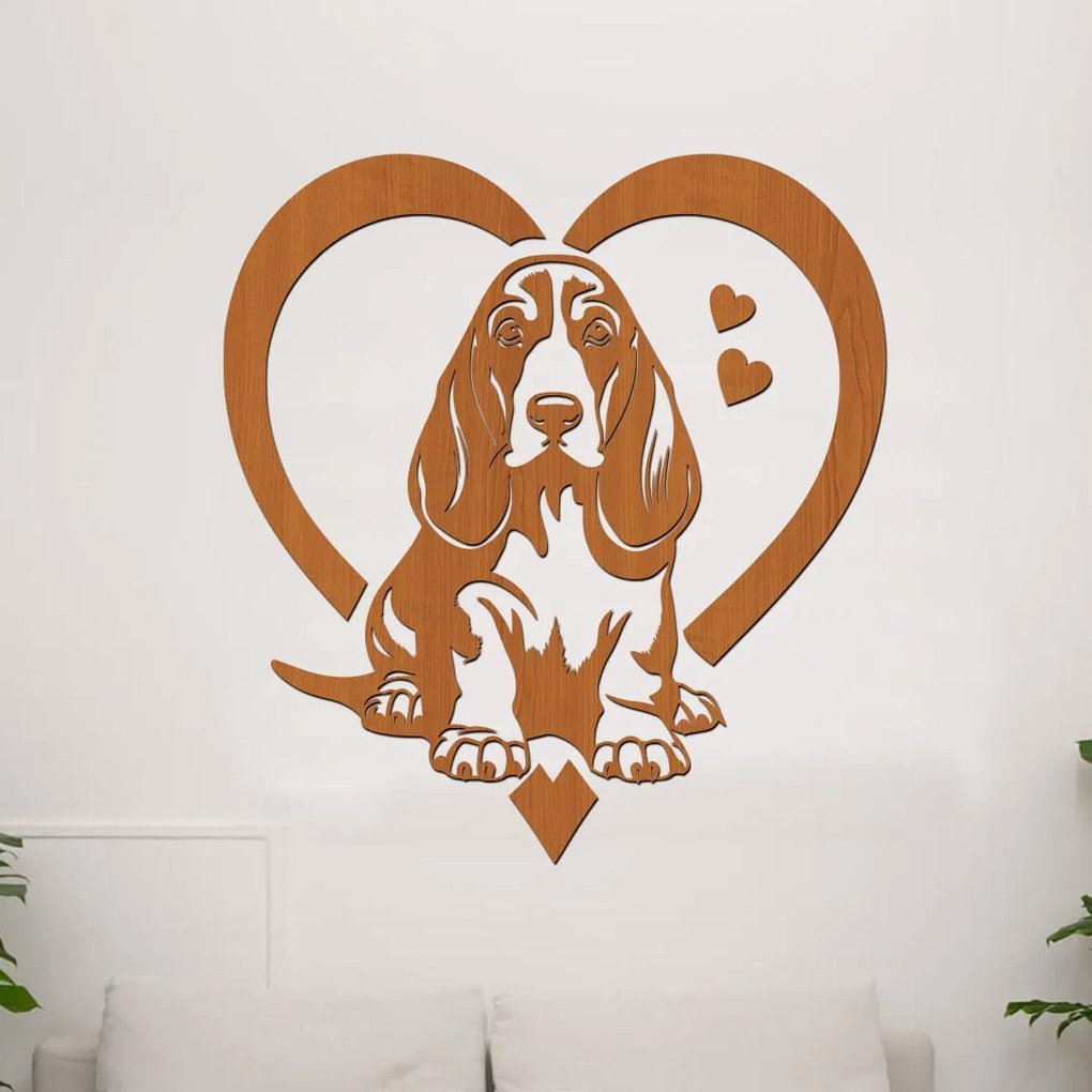 dřevo života Drevená samolepka psa Basset hound v srdci Rozmery - cm: 37x40, Zvoľte farbu dekoru: Buk