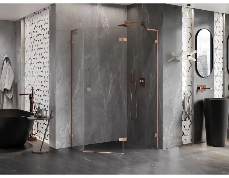 Mexen Lunar, L pravý výklopný päťuholníkový sprchový kút 90 x 80 cm, 8mm číre sklo, profil medená matná, 831L-090P-080L-65-00-P