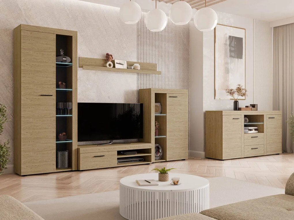Obývacia stena Rodos s komodou, Farby: dub sonoma, Osvetlenie: osvetlenie LED