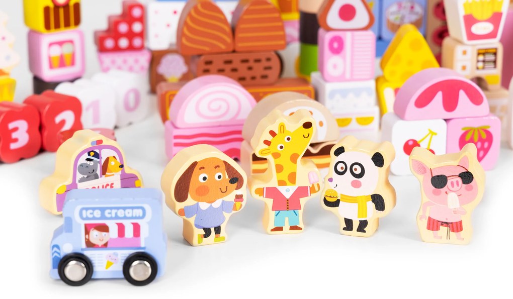 WELLHOX Vzdelávacia sada drevených kociek - Candy city 116 ks.