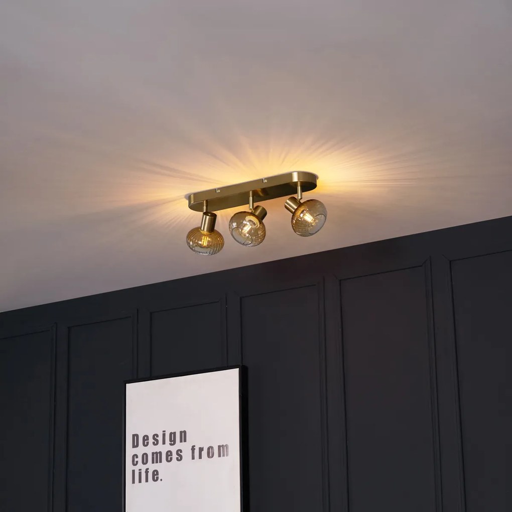 Zaoblené stropné bodové svetlo zlaté s jantárovým sklom 3-svetlo - Teddy