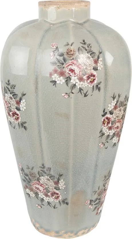 Šedá keramická dekoračná váza s kvetmi Floria - Ø 17*28 cm
