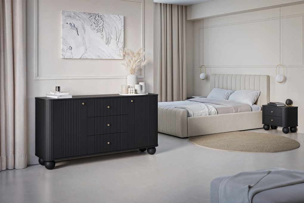 Komoda so zásuvkami Vesper 160 cm - čierna / zlaté úchytky / guľaté nohy