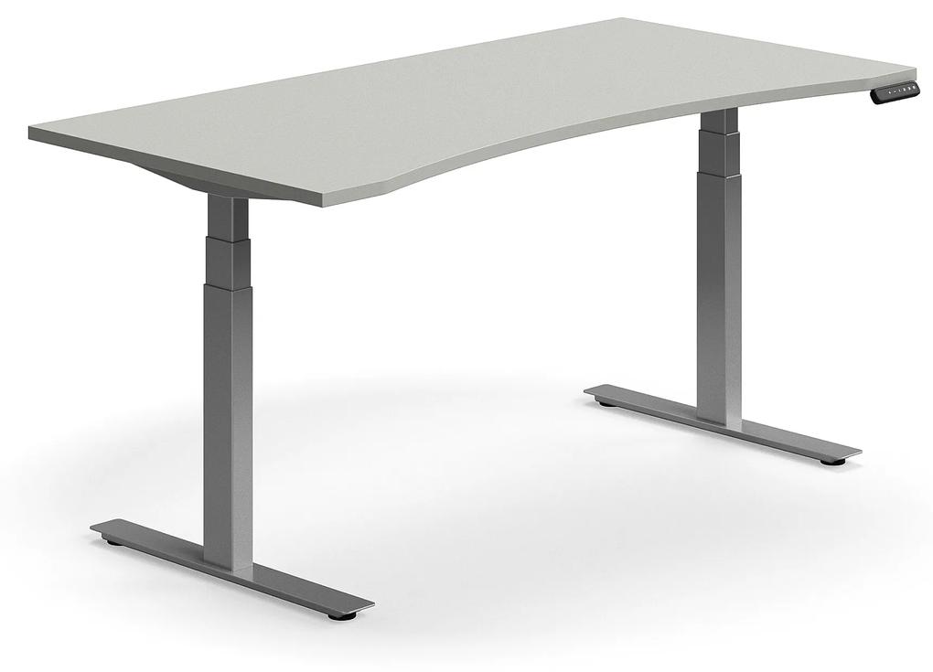 Výškovo nastaviteľný stôl QBUS, s výrezom, 1600x800 mm, strieborný rám, svetlošedá