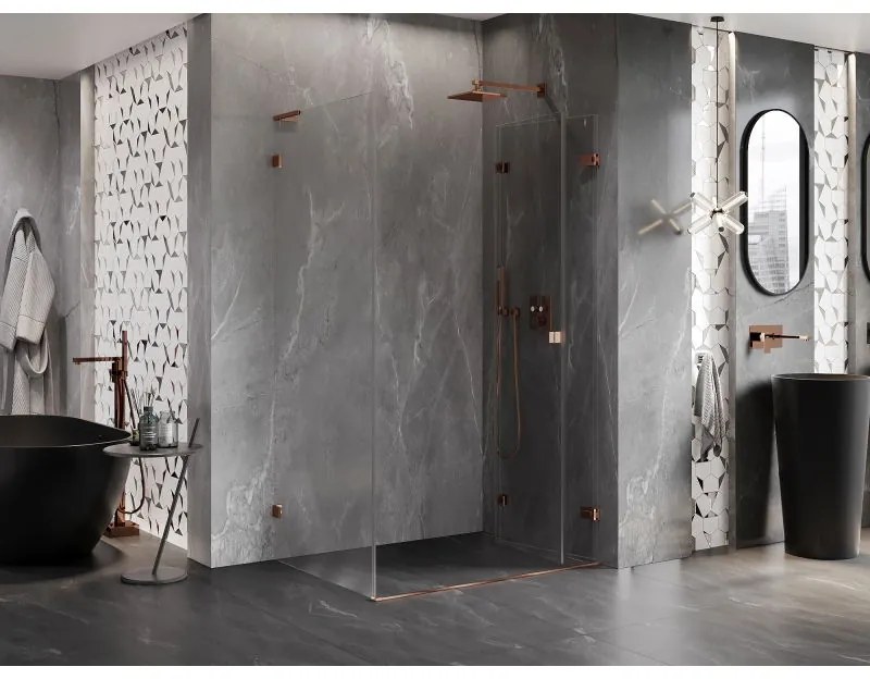 Mexen Lunar-F L, 1-krídlový sprchový kút so skladacími dverami, pravý, 95 x 70 cm, 8mm číre sklo, ružové zlato profil, 836L-095-070-60-00-P