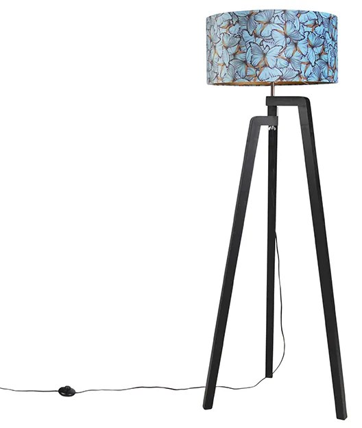 Stojaca lampa trojnožka čierna s tienidlom motýľa 50 cm - Puros