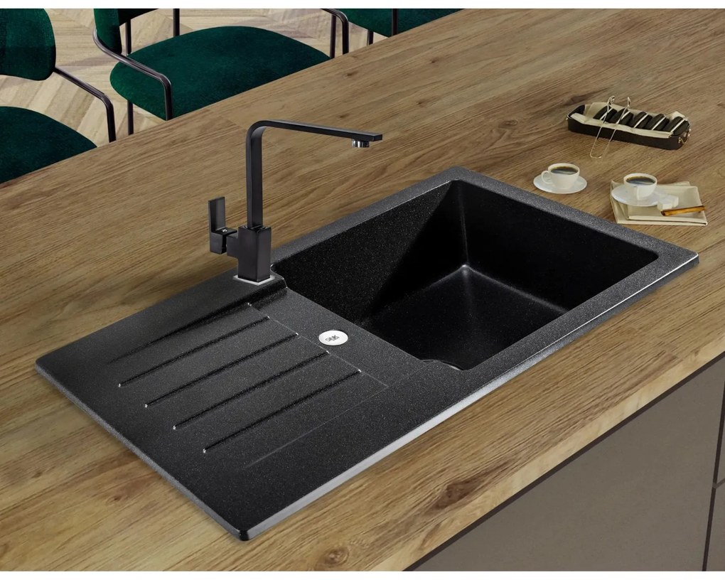 Sink Quality Natalie, kuchynský granitový drez 770x450x170 mm + chrómový sifón, čierna škvrnitá-BROCADE, SKQ-NAT.B.1KDO.X