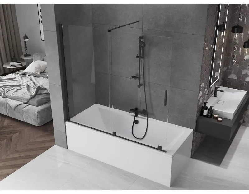 Mexen Velar, 2-krídlová posuvná vaňová zástena 170 x 150 cm, 8mm číre sklo, čierna matná, 896-170-000-01-70