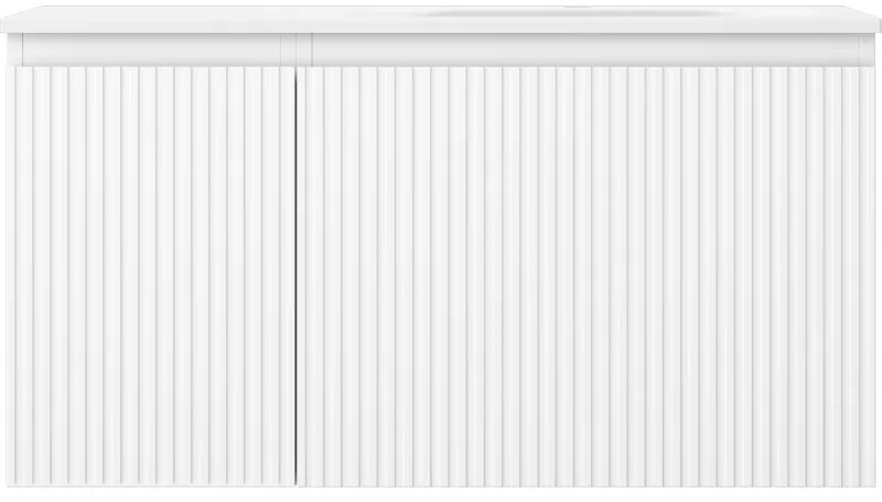 Mexen Rivel, kúpeľňová skrinka 90 cm s pravým umývadlom Vela, 1S, 1D, s drážkami, biela matná, 91A23-09047-3-BBFF01-W23P01