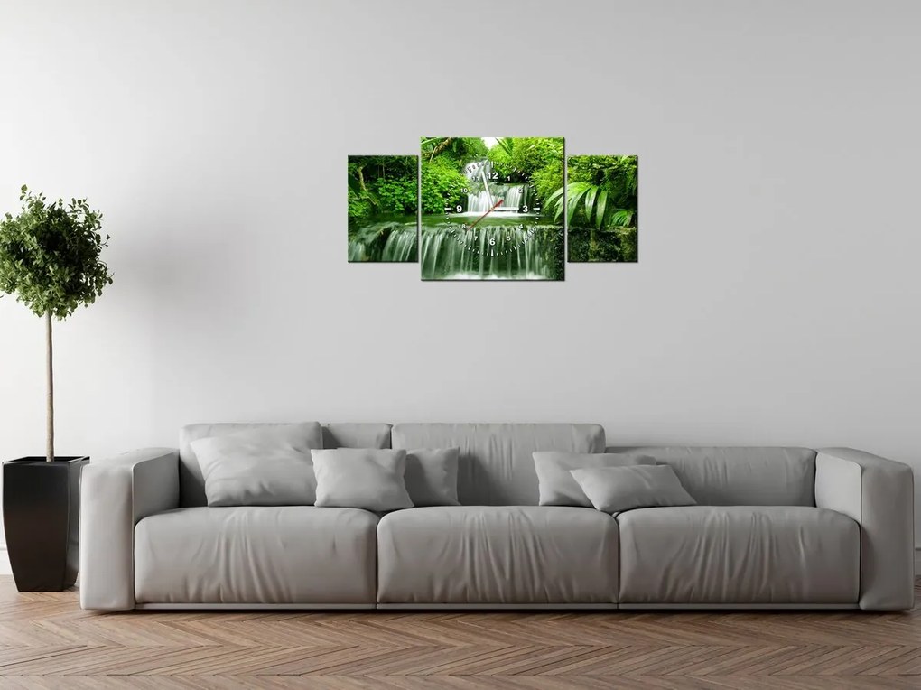 Gario Obraz s hodinami Vodopád v dažďovom pralese - 3 dielny Rozmery: 80 x 40 cm