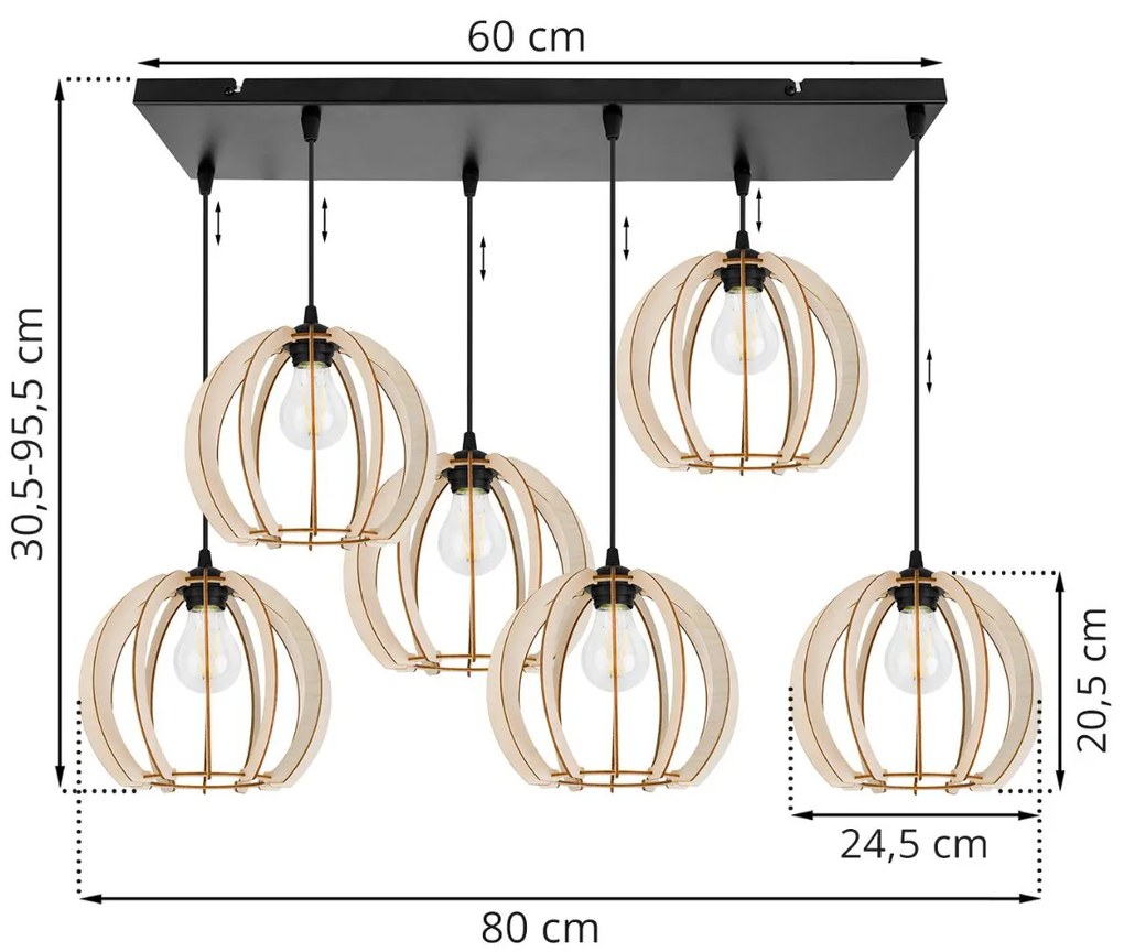 Závesné svietidlo Timber 9, 6x drevené tienidlo