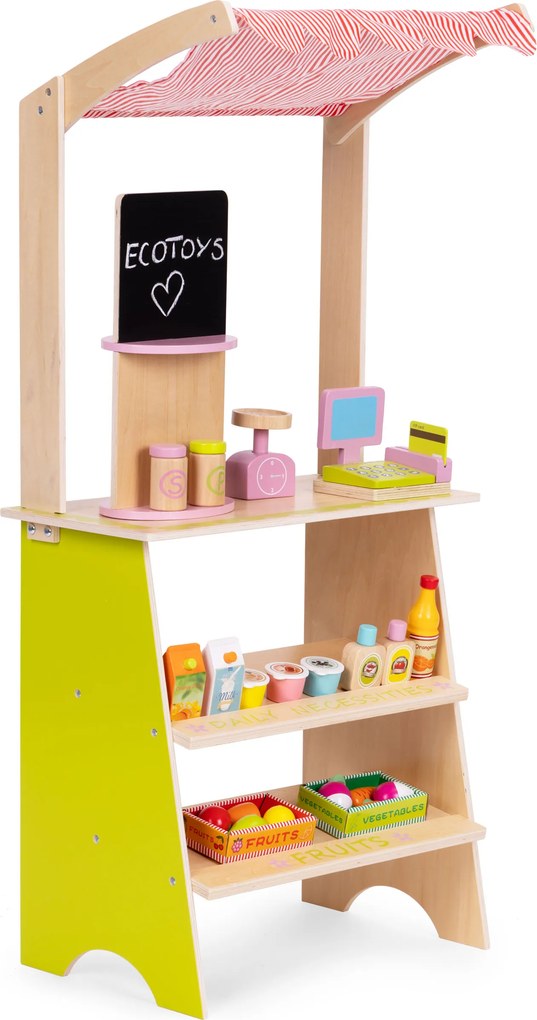 Drevený detský trhový stánok ECOTOYS s pokladňou, terminálom a váhou, 20 dielov