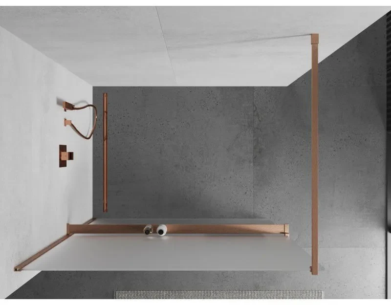 Mexen Kioto+, sprchová zástena Walk-In s poličkou a vešiakom 130 x 200 cm, 8mm sklo námraza, medený matný profil, 800-130-121-65-30