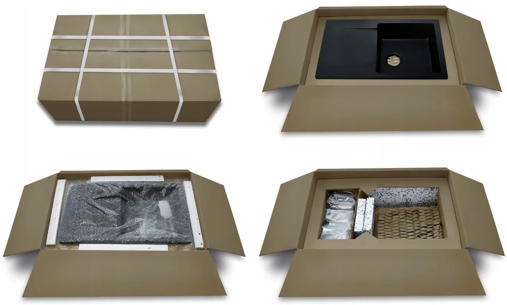 Sink Quality Ferrum, kuchynský granitový drez 770x450x190 mm + zlatý sifón, biela, SKQ-FER.W.1KDO.XG