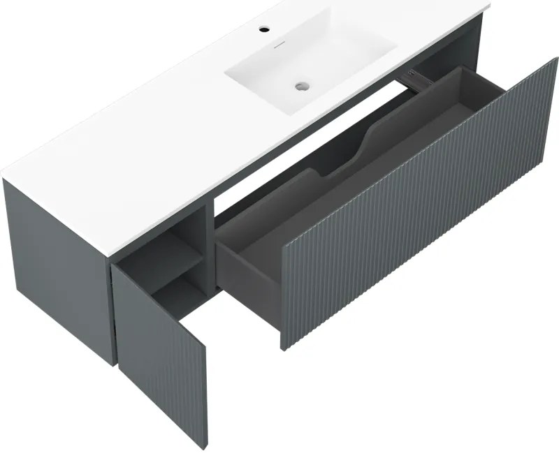 Mexen Rivel, kúpeľňová skrinka 160 cm s pravým umývadlom Otis, 1S, 1D, drážkovaná, grafitová/biela matná, 91A23-16047-3-BBFF66-W18P01