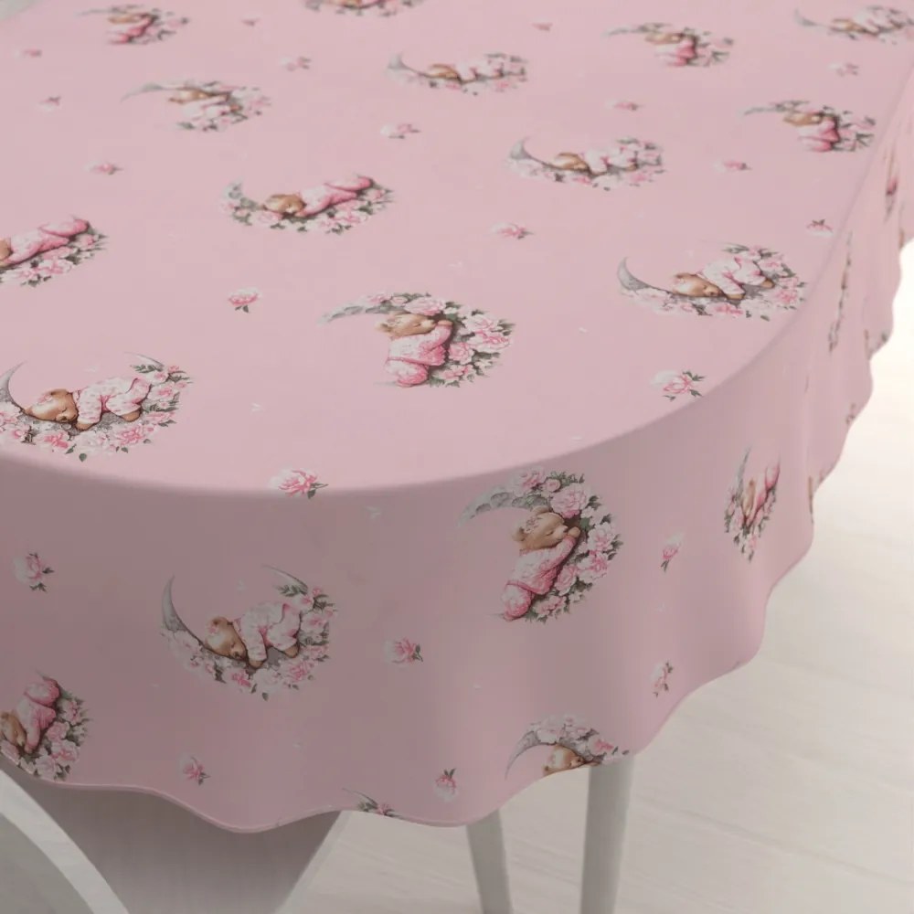 Biante Detský bavlnený oválny obrus Sandra SA-626 Spiace medvedíky na ružovom 140x160 cm