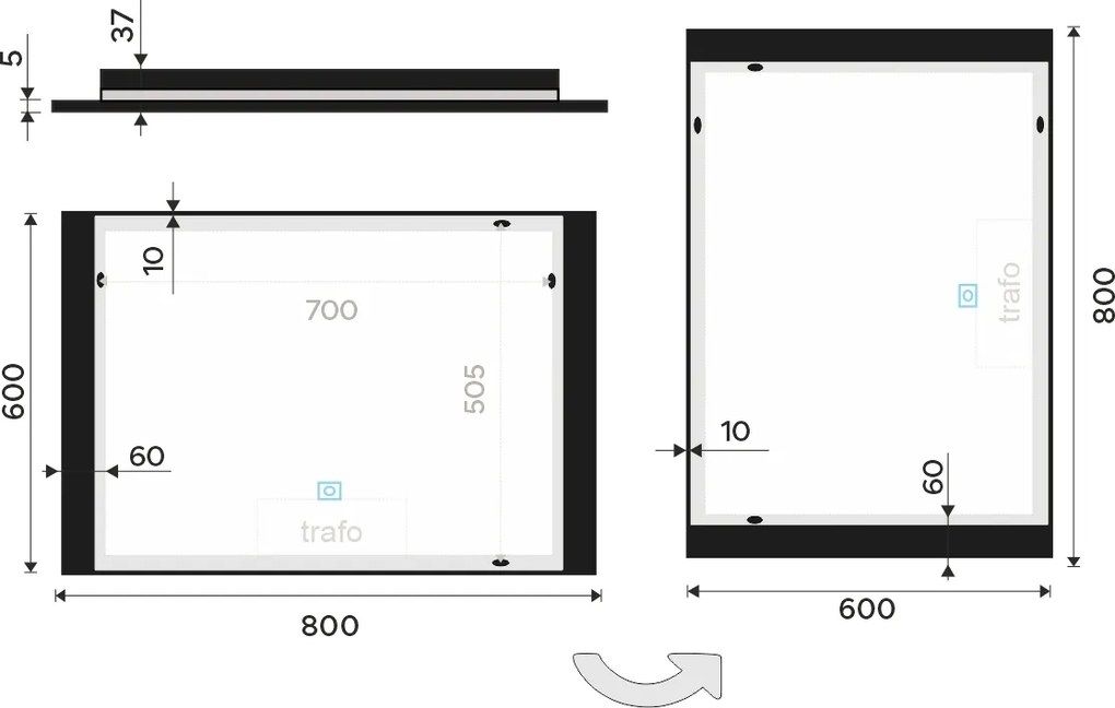 Nimco Čierne LED zrkadlo 800x600 s dotykovým senzorom - ZPC 41003V-90