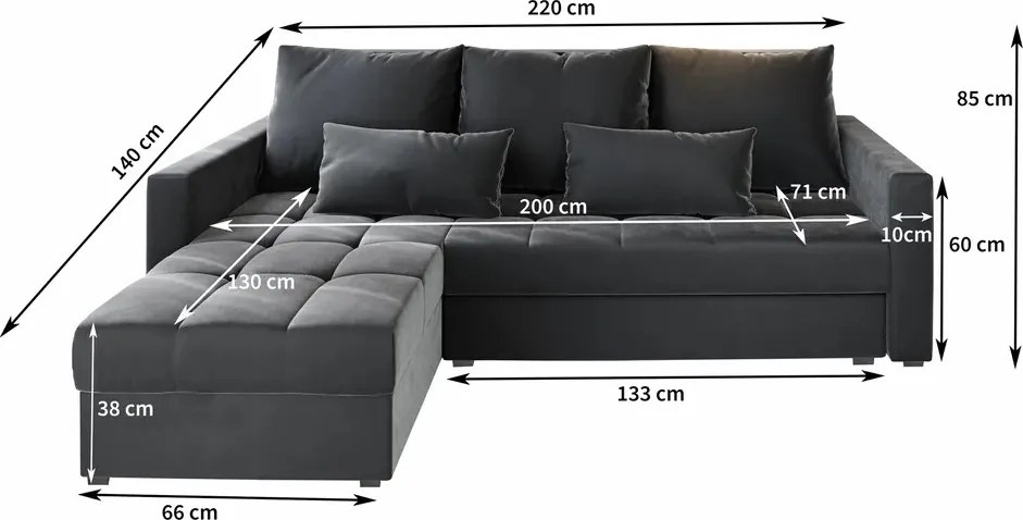 Tmavosivá rozkladacia rohová pohovka ZENOVA 220x140 cm, obojstranná