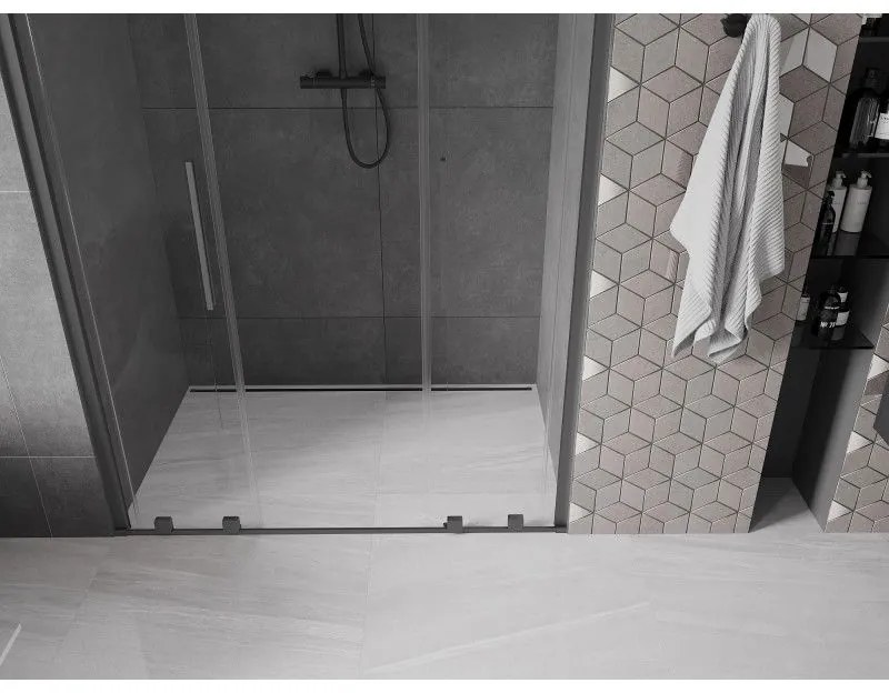 Mexen Velar L Duo, posuvné sprchové dvere do otvoru 140 cm, 8mm číre sklo, brúsený grafit, 871-140-003-02-95