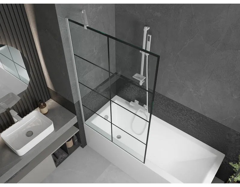 Mexen Next, vaňová zástena 1-krídlová 100 x 150 cm, fixné krídlo, 6 mm číre sklo s čiernym vzorom, biely profil, 895-100-000-00-77-20