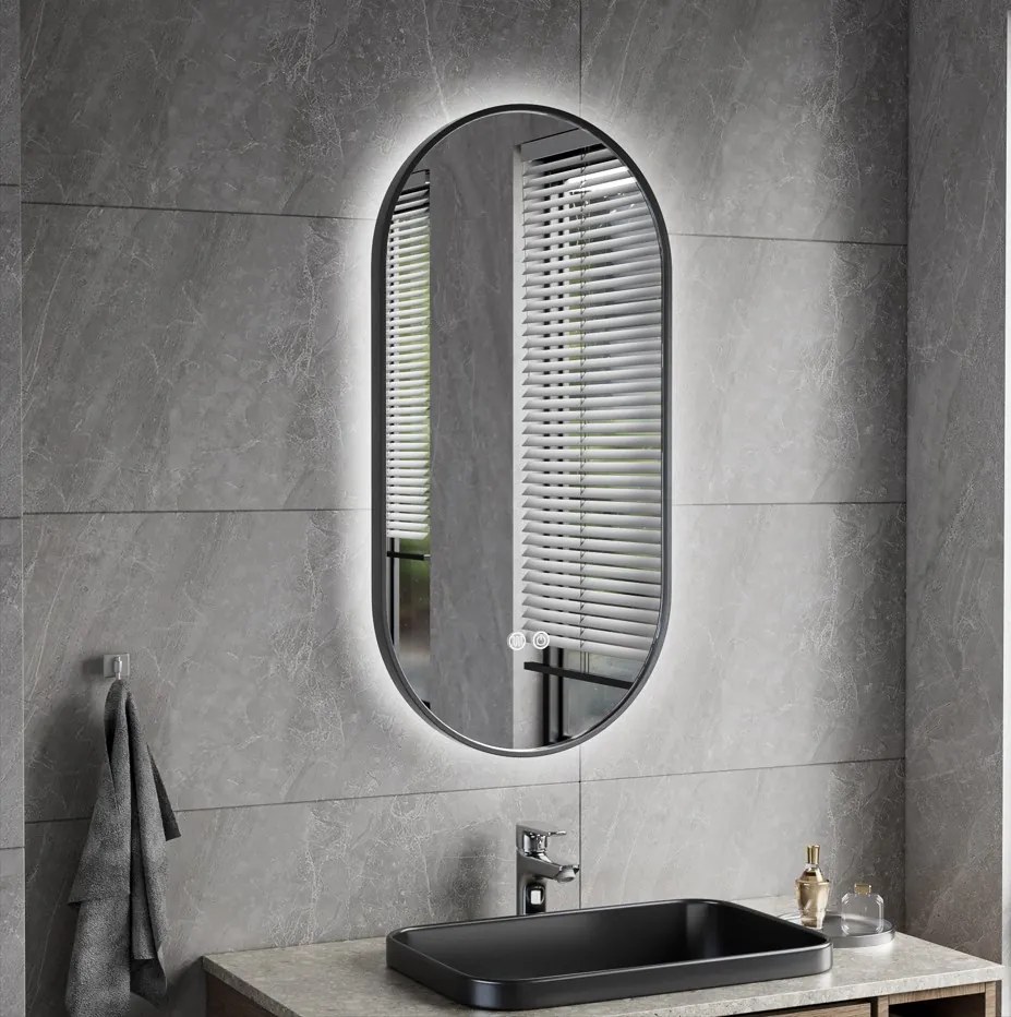 Erga Freya, oválne LED zrkadlo 40x80cm v čiernom kovovom ráme, 3 farby svetla, zadné osvetlenie, vyhrievacia podložka proti zapareniu, ERG-V01-FREYA-4080-BK