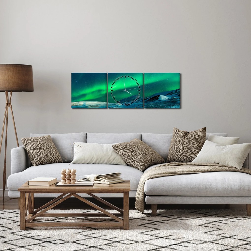 Obraz ľudí a polárna žiara (s hodinami) (90x30 cm)