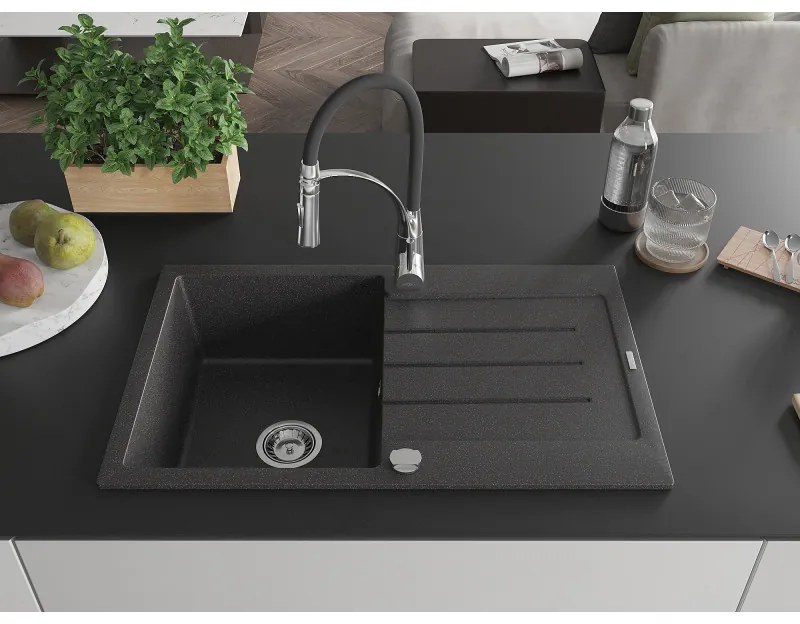 Mexen Bruno, 1-komorový granitový drez 795x495x200 mm a drezová batéria Aster, čierna škvrnitá, 6513-76-73450-07