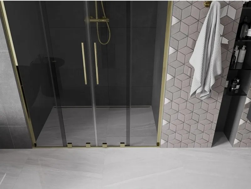 Mexen Velar L Duo, posuvné sprchové dvere do otvoru 140 cm, 8mm šedé sklo, zlatá lesklá, 871-140-003-42-50