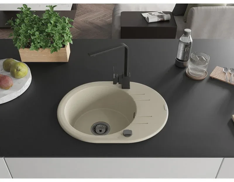 Mexen Kevin, drez granitový 586x458x190 mm, 1-komorový a čierna matná Rita, béžová, 6517-69-670300-70
