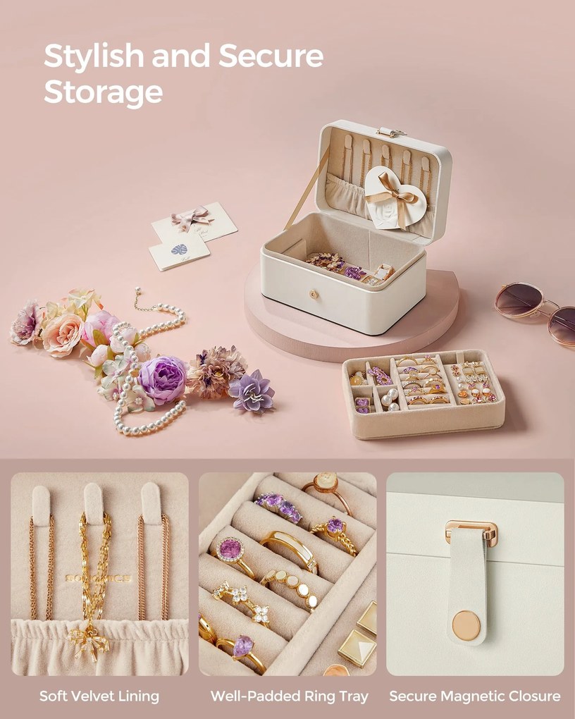 Šperkovnica, 2-poschodová šperková úložná schránka, 11 x 16 x 8 cm, oblá biela