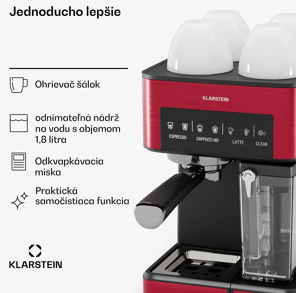 Klarstein 1,8 l kávovar s napeňovačom mlieka, 20 barový pákový kávovar, malý kávovar na mletú kávu s výkonom 1350 W, baristický kávovar na ľadovú kávu cappuccino latte espresso