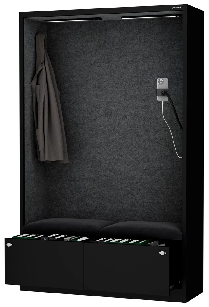 Kancelárska akustická kabína so sedadlom a portom USB-C, telo v čierny / sedák tmavosivá v zelenej farbe, 1150 mm: SALLY MentalBox