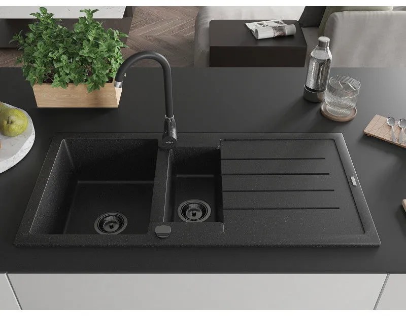Mexen Andres, granitový drez 1000x500x200 mm, 1,5-komorový, čierna-strieborná metalíza s čiernym sifónom, 6515101510-73-B