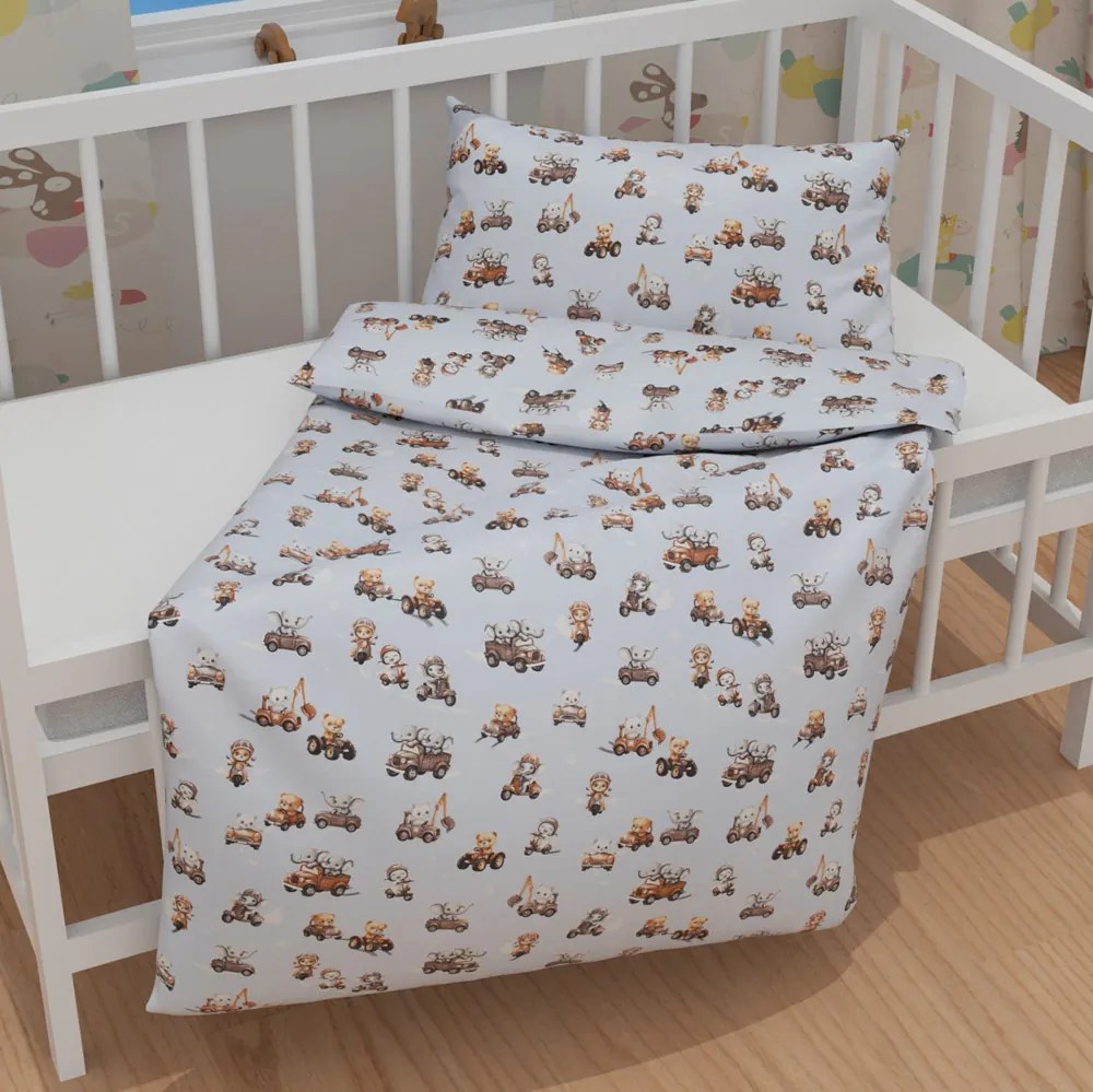 Biante Detské bavlnené posteľné obliečky do postieľky Sandra SA-629 Zvieratká v autách na modrom Do postieľky 100x135 a 40x60 cm